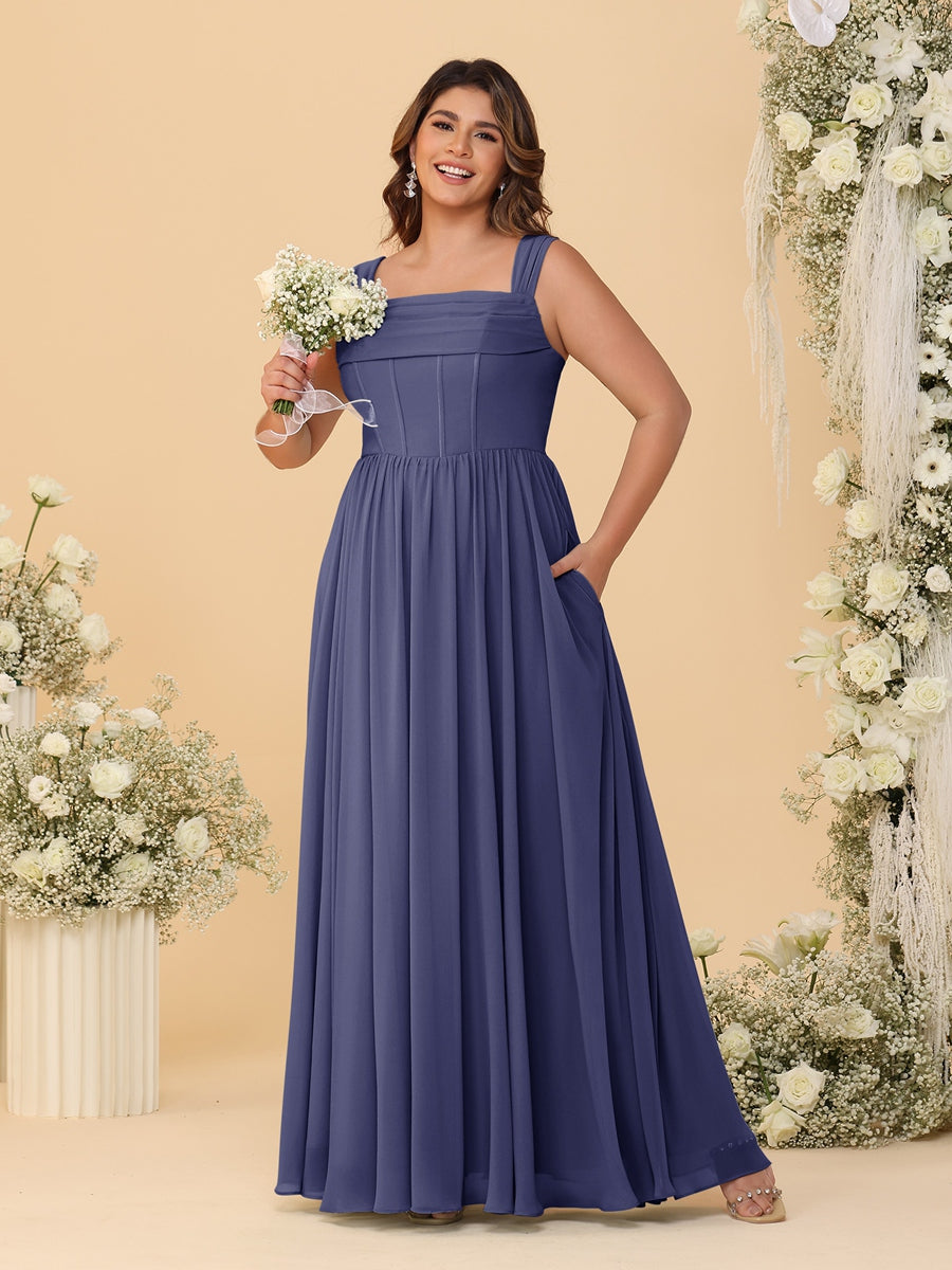 Chiffon A-Line/Princess Square Neck Sleeveless Plus Size Bridesmaid Dresses with Pleats Stormy Blue