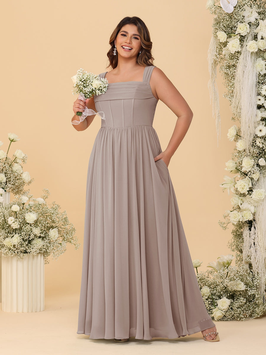 Chiffon A-Line/Princess Square Neck Sleeveless Plus Size Bridesmaid Dresses with Pleats Taupe