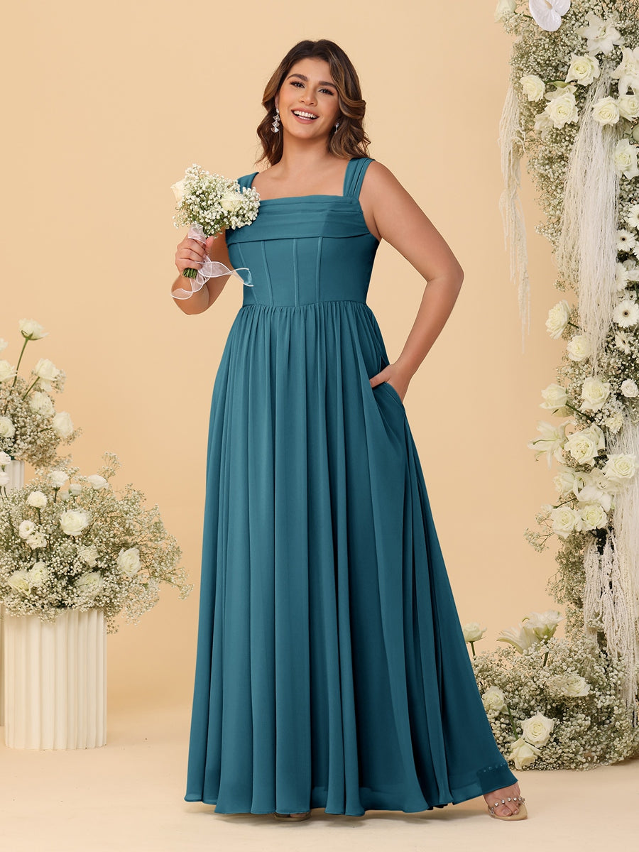 Chiffon A-Line/Princess Square Neck Sleeveless Plus Size Bridesmaid Dresses with Pleats Teal