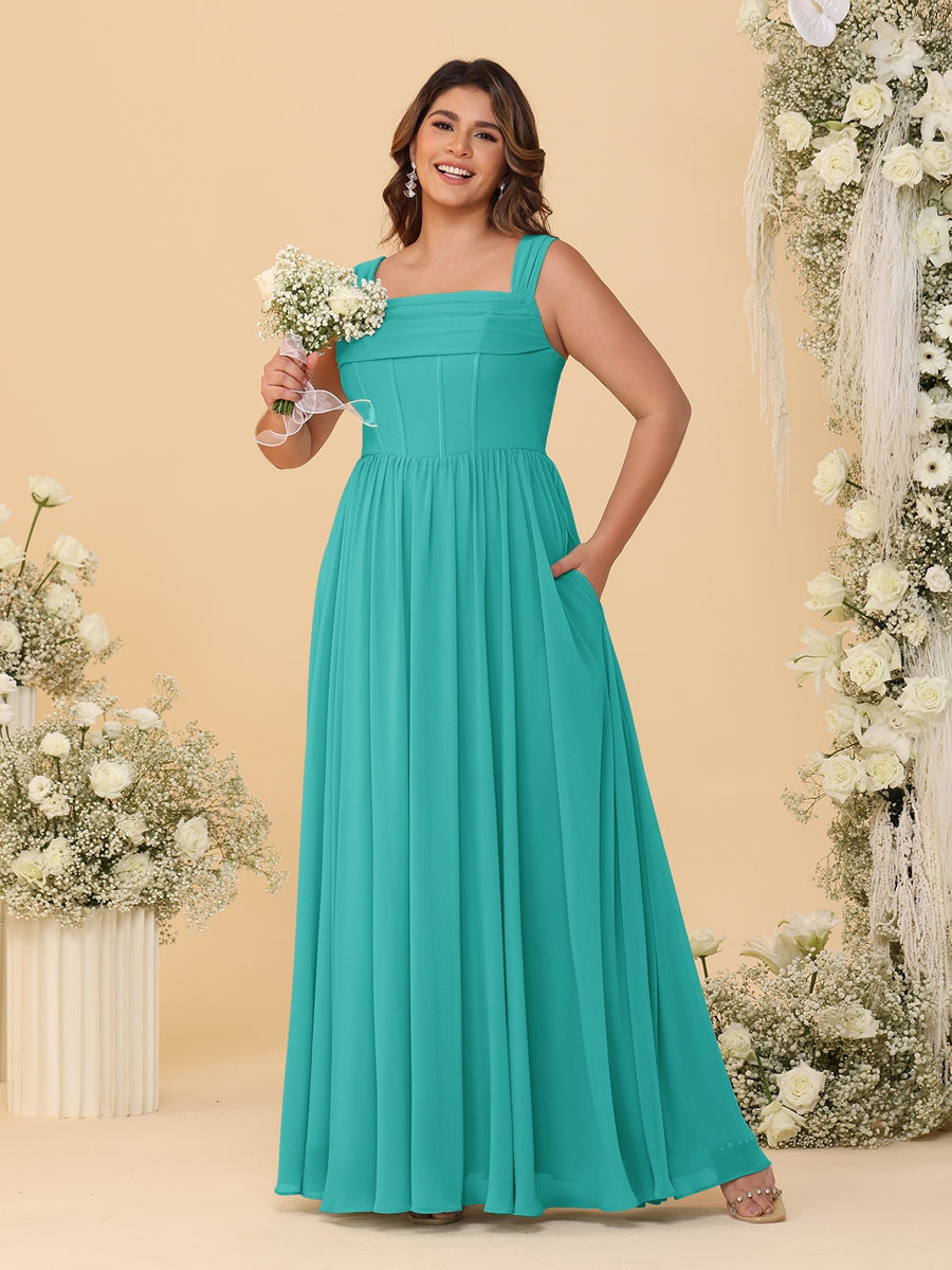 Chiffon A-Line/Princess Square Neck Sleeveless Plus Size Bridesmaid Dresses with Pleats Turquoise