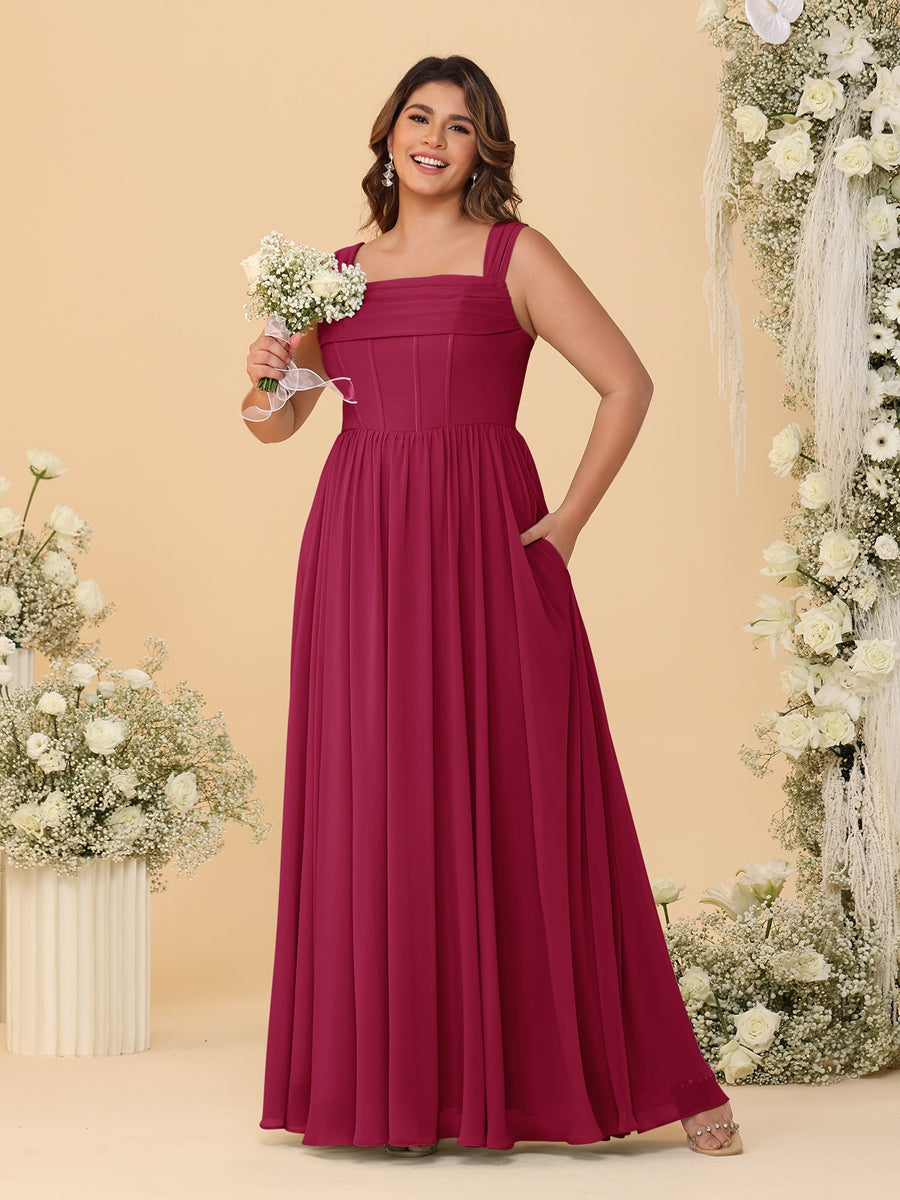 Chiffon A-Line/Princess Square Neck Sleeveless Plus Size Bridesmaid Dresses with Pleats Wine Red