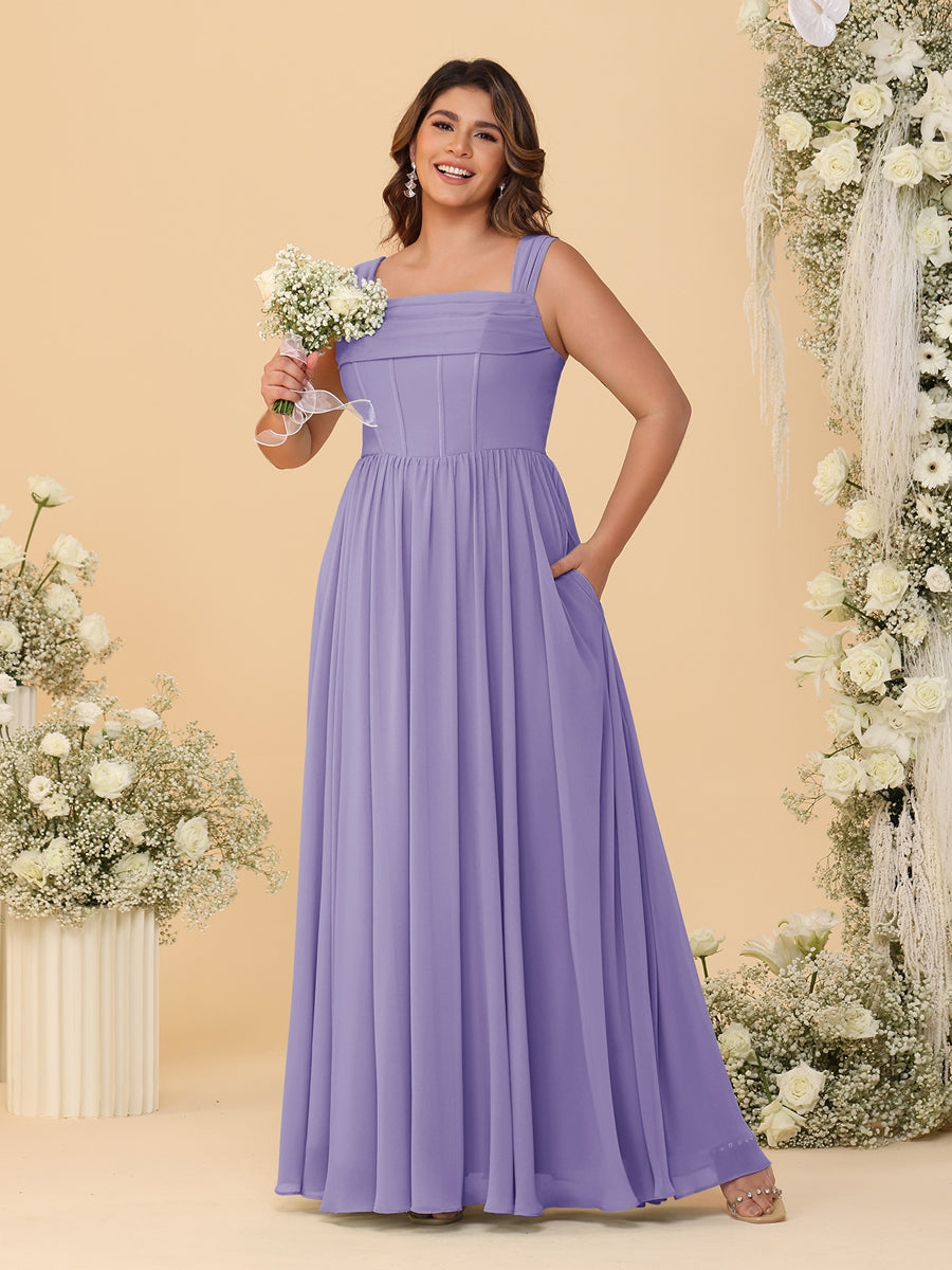 Chiffon A-Line/Princess Square Neck Sleeveless Plus Size Bridesmaid Dresses with Pleats Wisteria