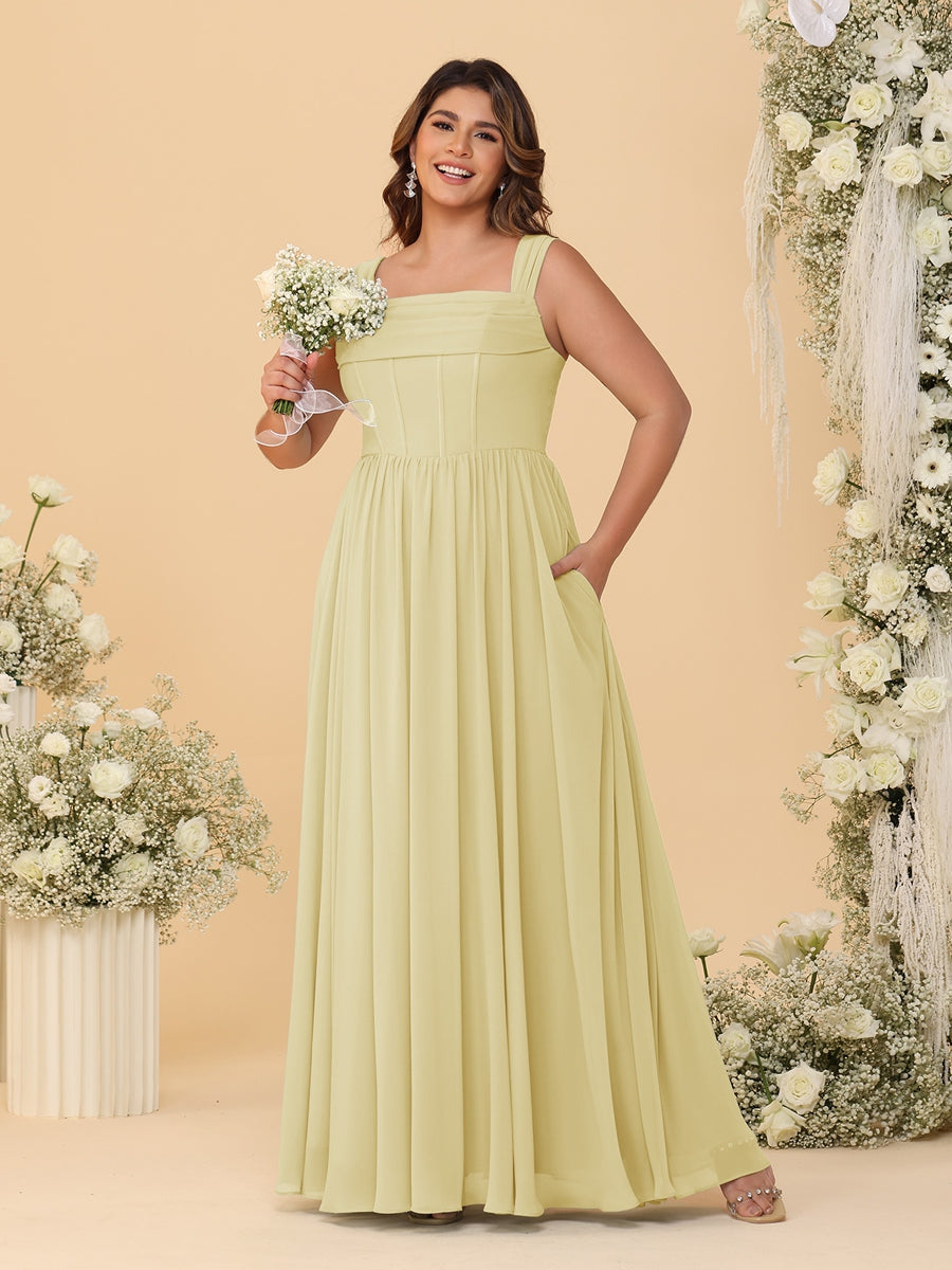 Chiffon A-Line/Princess Square Neck Sleeveless Plus Size Bridesmaid Dresses with Pleats Yellow