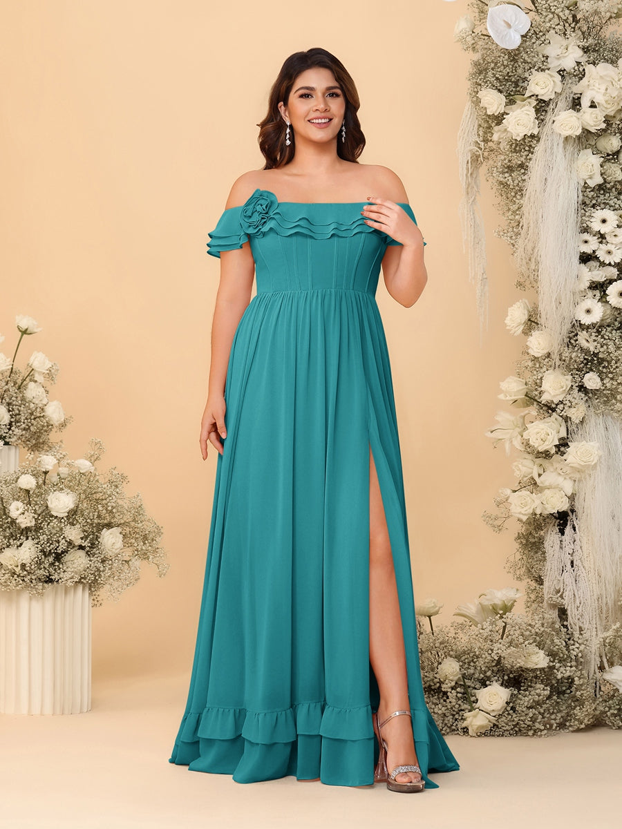 Chiffon A-Line/Princess Off-the-Shoulder Short Sleeves Plus Size Bridesmaid Dresses with Side Slit Aqua Blue