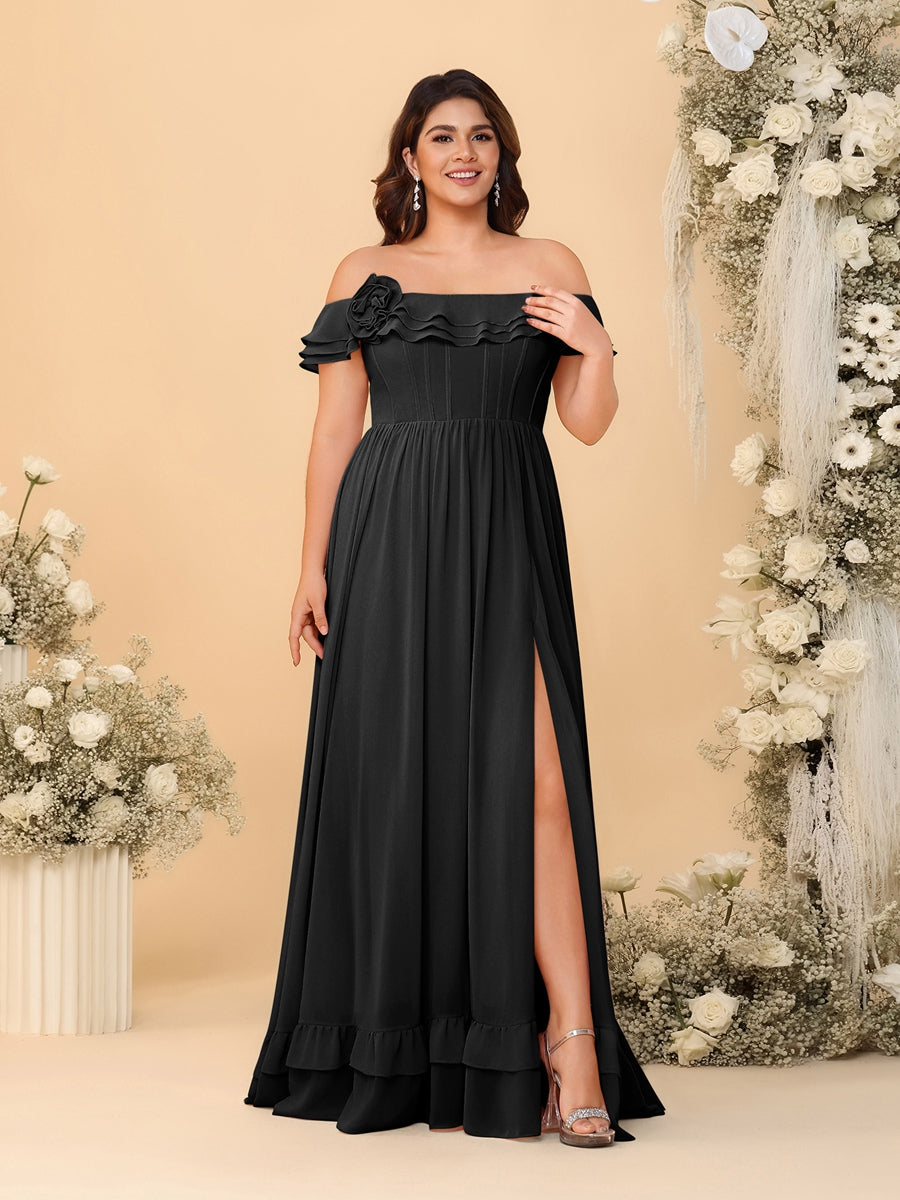 Chiffon A-Line/Princess Off-the-Shoulder Short Sleeves Plus Size Bridesmaid Dresses with Side Slit Black