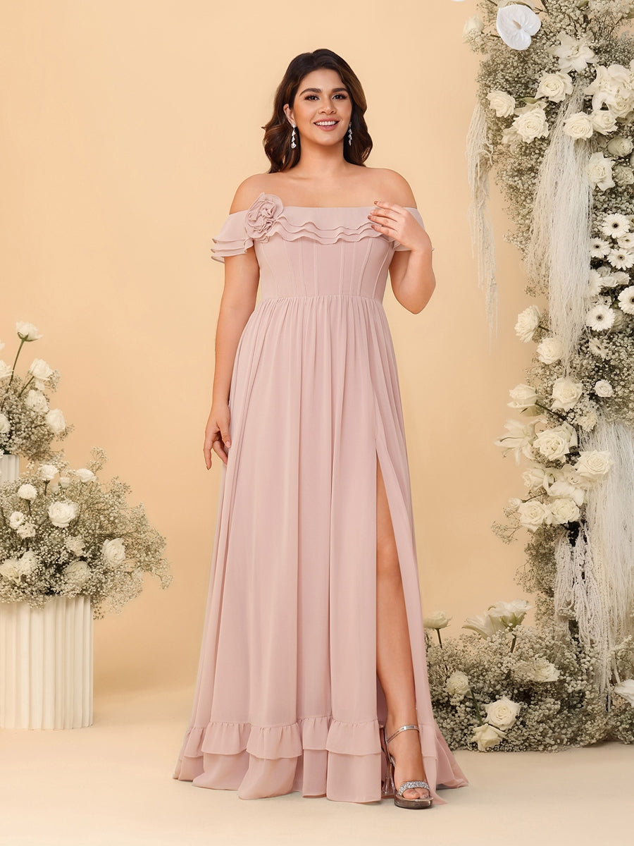Chiffon A-Line/Princess Off-the-Shoulder Short Sleeves Plus Size Bridesmaid Dresses with Side Slit Blush Pink