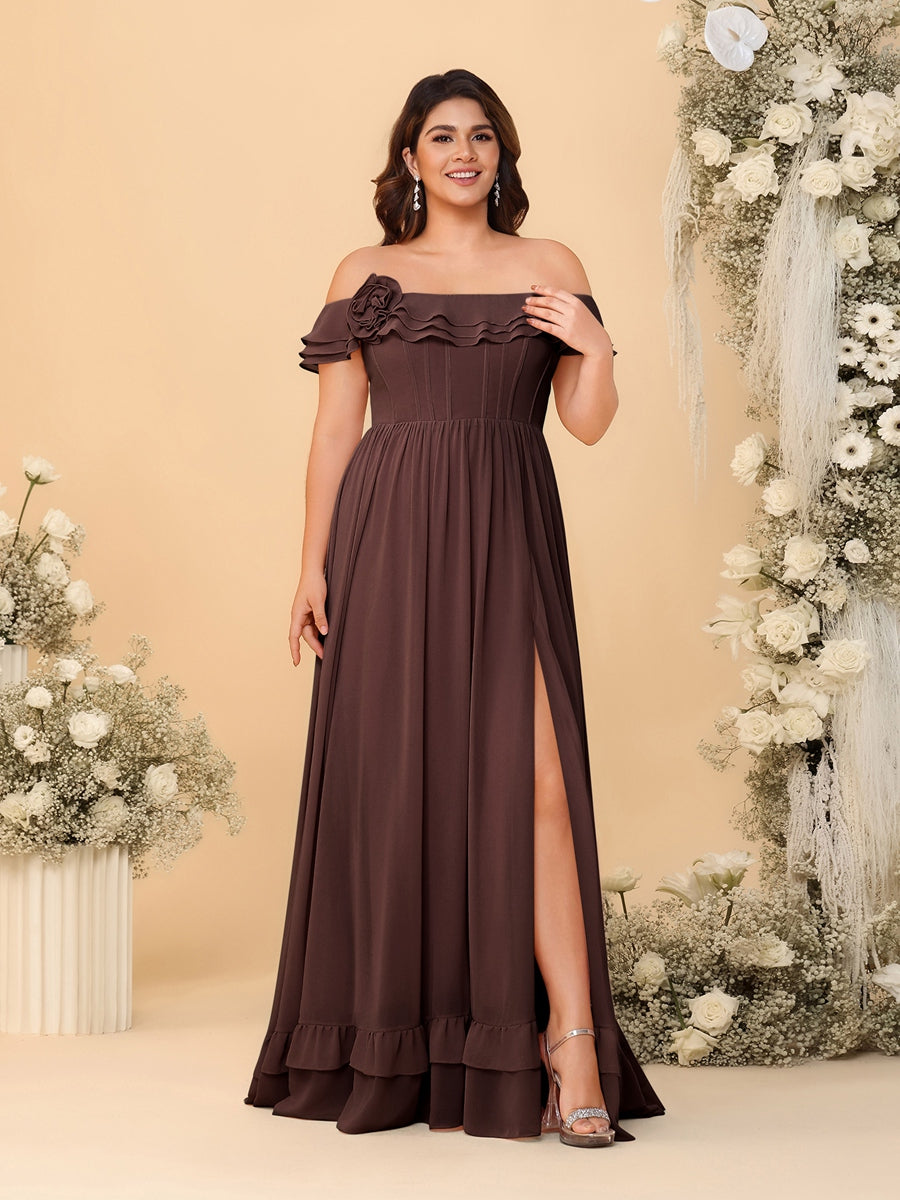Chiffon A-Line/Princess Off-the-Shoulder Short Sleeves Plus Size Bridesmaid Dresses with Side Slit Brown