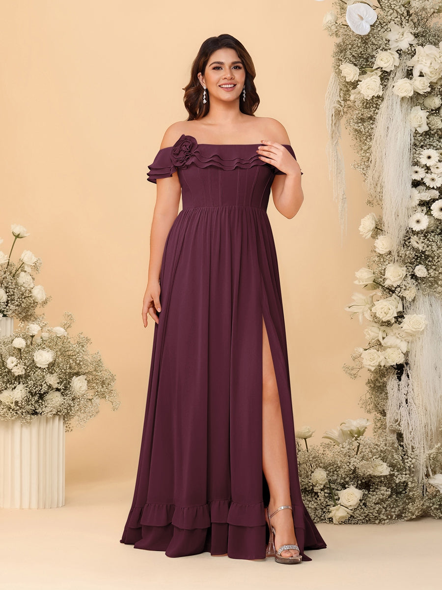 Chiffon A-Line/Princess Off-the-Shoulder Short Sleeves Plus Size Bridesmaid Dresses with Side Slit Burgundy