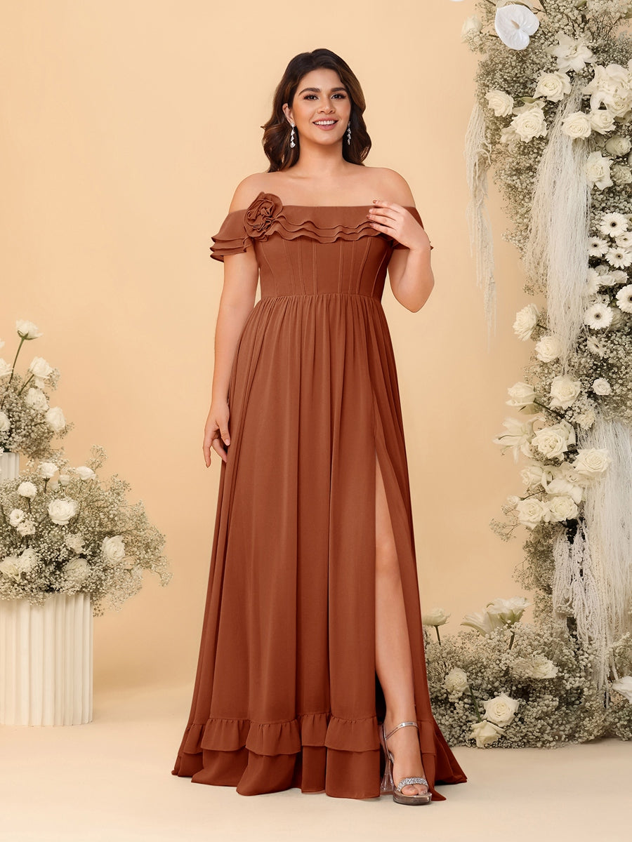 Chiffon A-Line/Princess Off-the-Shoulder Short Sleeves Plus Size Bridesmaid Dresses with Side Slit Burnt Orange