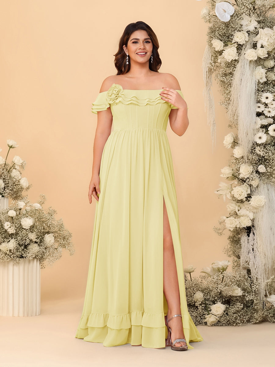 Chiffon A-Line/Princess Off-the-Shoulder Short Sleeves Plus Size Bridesmaid Dresses with Side Slit Canary