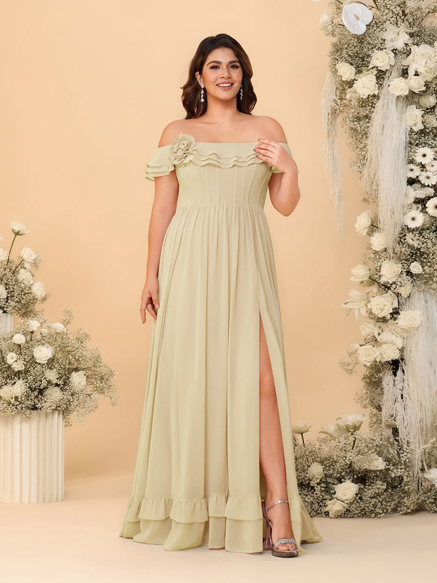 Chiffon A-Line/Princess Off-the-Shoulder Short Sleeves Plus Size Bridesmaid Dresses with Side Slit Champagne