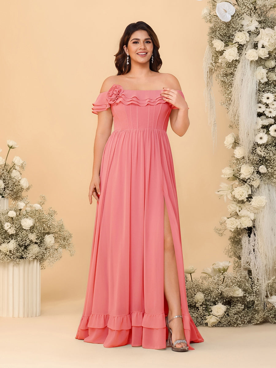 Chiffon A-Line/Princess Off-the-Shoulder Short Sleeves Plus Size Bridesmaid Dresses with Side Slit Coral