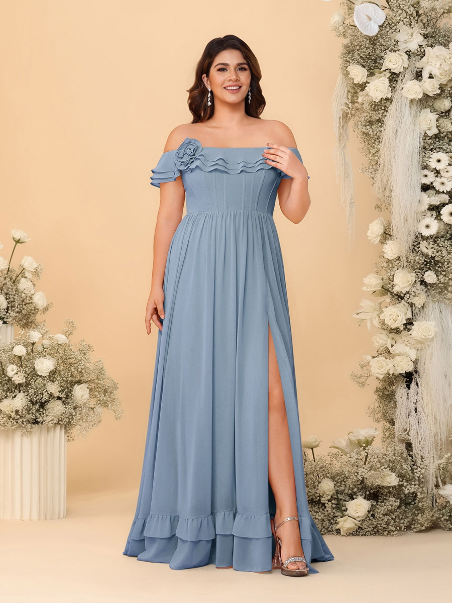 Chiffon A-Line/Princess Off-the-Shoulder Short Sleeves Plus Size Bridesmaid Dresses with Side Slit Dusty Blue