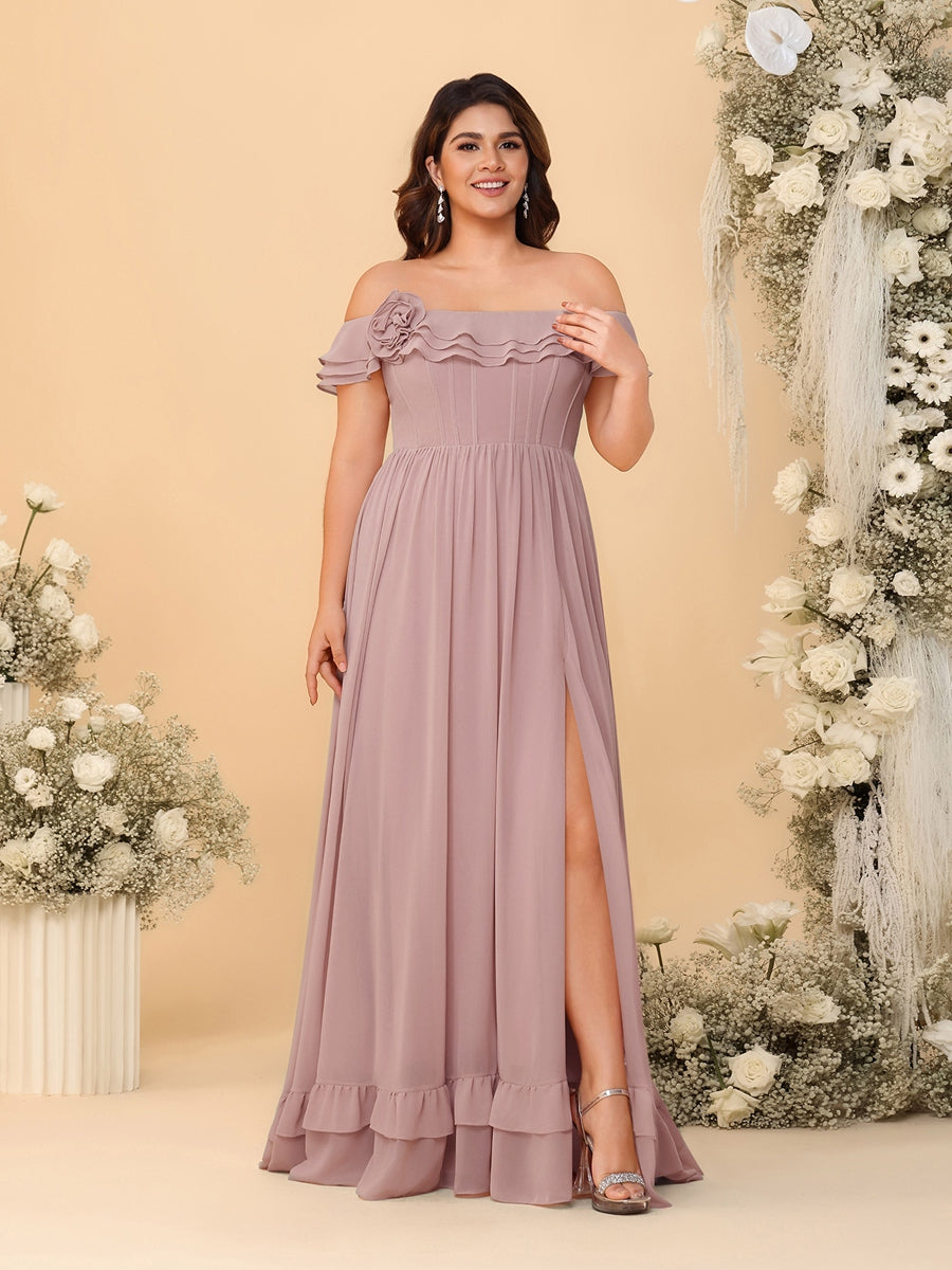 Chiffon A-Line/Princess Off-the-Shoulder Short Sleeves Plus Size Bridesmaid Dresses with Side Slit Dusty Pink