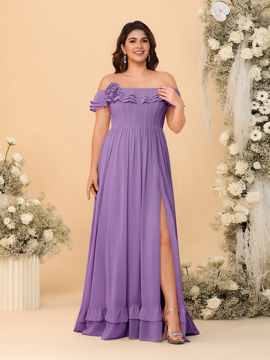 Chiffon A-Line/Princess Off-the-Shoulder Short Sleeves Plus Size Bridesmaid Dresses with Side Slit Dusty Purple
