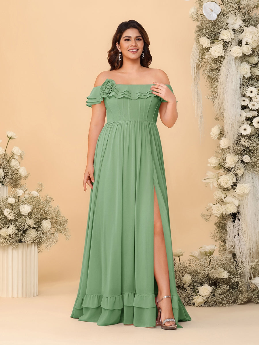 Chiffon A-Line/Princess Off-the-Shoulder Short Sleeves Plus Size Bridesmaid Dresses with Side Slit Dusty Sage