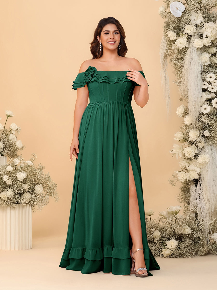 Chiffon A-Line/Princess Off-the-Shoulder Short Sleeves Plus Size Bridesmaid Dresses with Side Slit Emerald