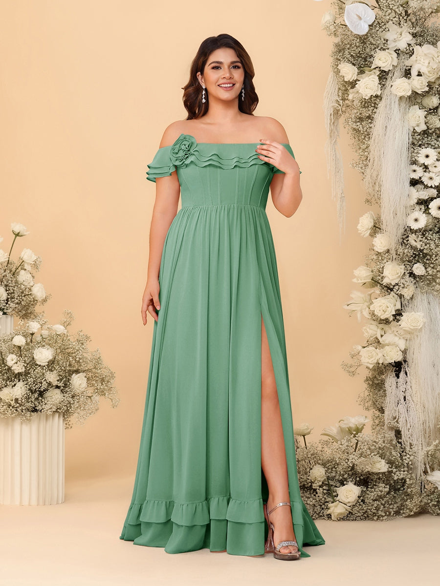 Chiffon A-Line/Princess Off-the-Shoulder Short Sleeves Plus Size Bridesmaid Dresses with Side Slit Eucalyptus