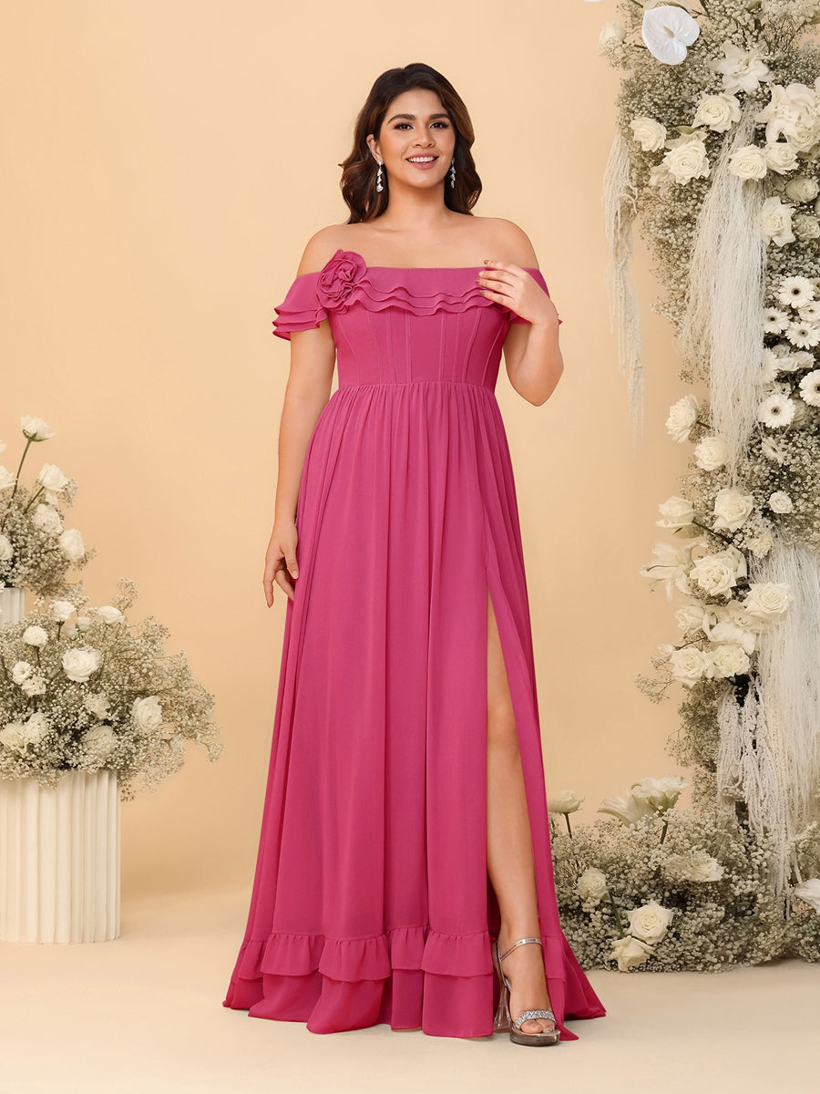 Chiffon A-Line/Princess Off-the-Shoulder Short Sleeves Plus Size Bridesmaid Dresses with Side Slit Fuchsia