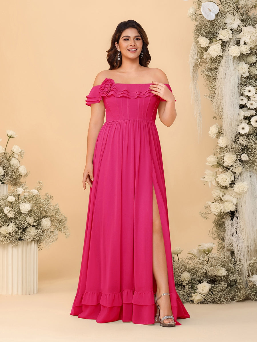 Chiffon A-Line/Princess Off-the-Shoulder Short Sleeves Plus Size Bridesmaid Dresses with Side Slit Fuchsia Pink