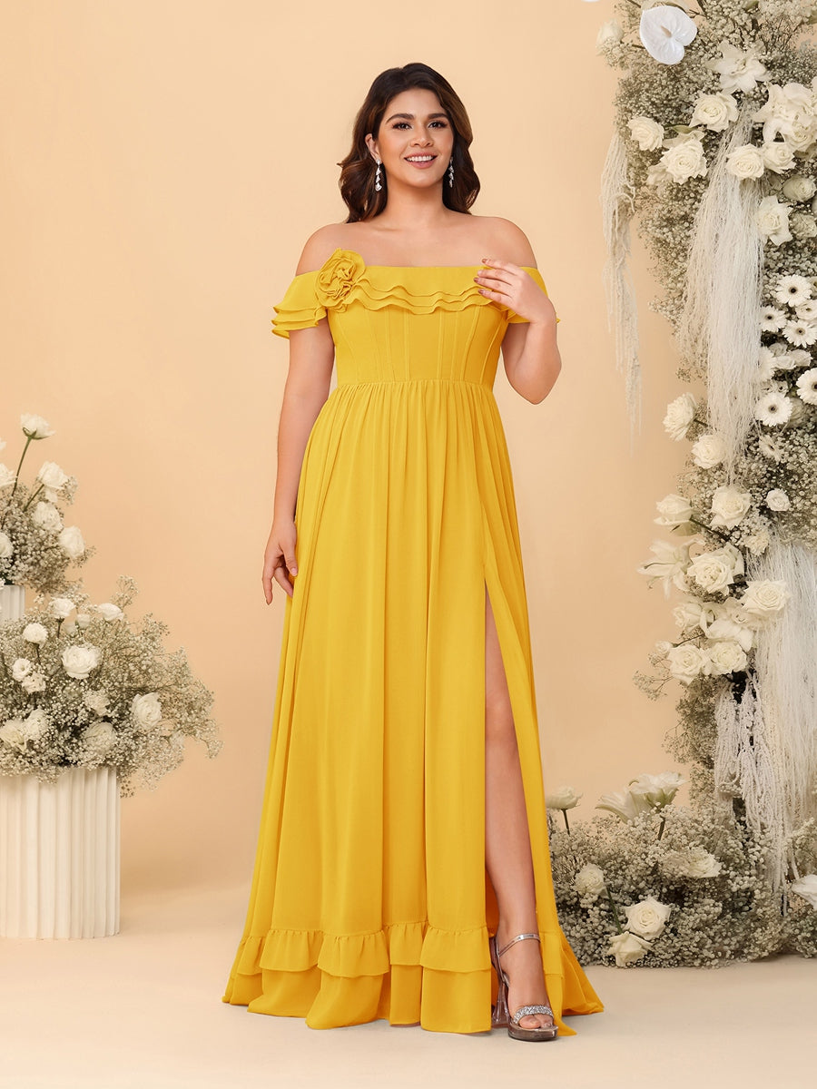 Chiffon A-Line/Princess Off-the-Shoulder Short Sleeves Plus Size Bridesmaid Dresses with Side Slit Gold