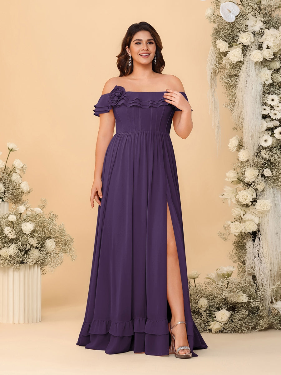 Chiffon A-Line/Princess Off-the-Shoulder Short Sleeves Plus Size Bridesmaid Dresses with Side Slit Grape