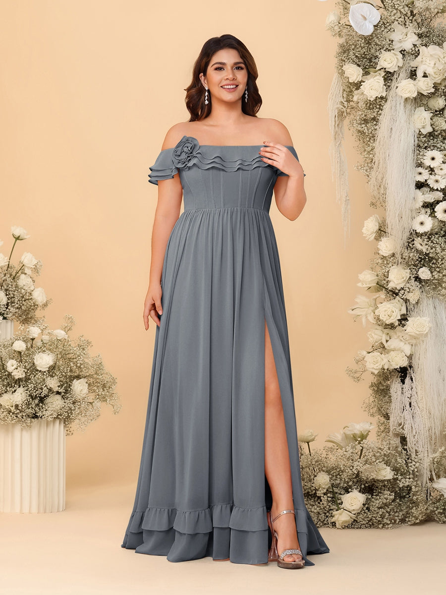 Chiffon A-Line/Princess Off-the-Shoulder Short Sleeves Plus Size Bridesmaid Dresses with Side Slit Gray