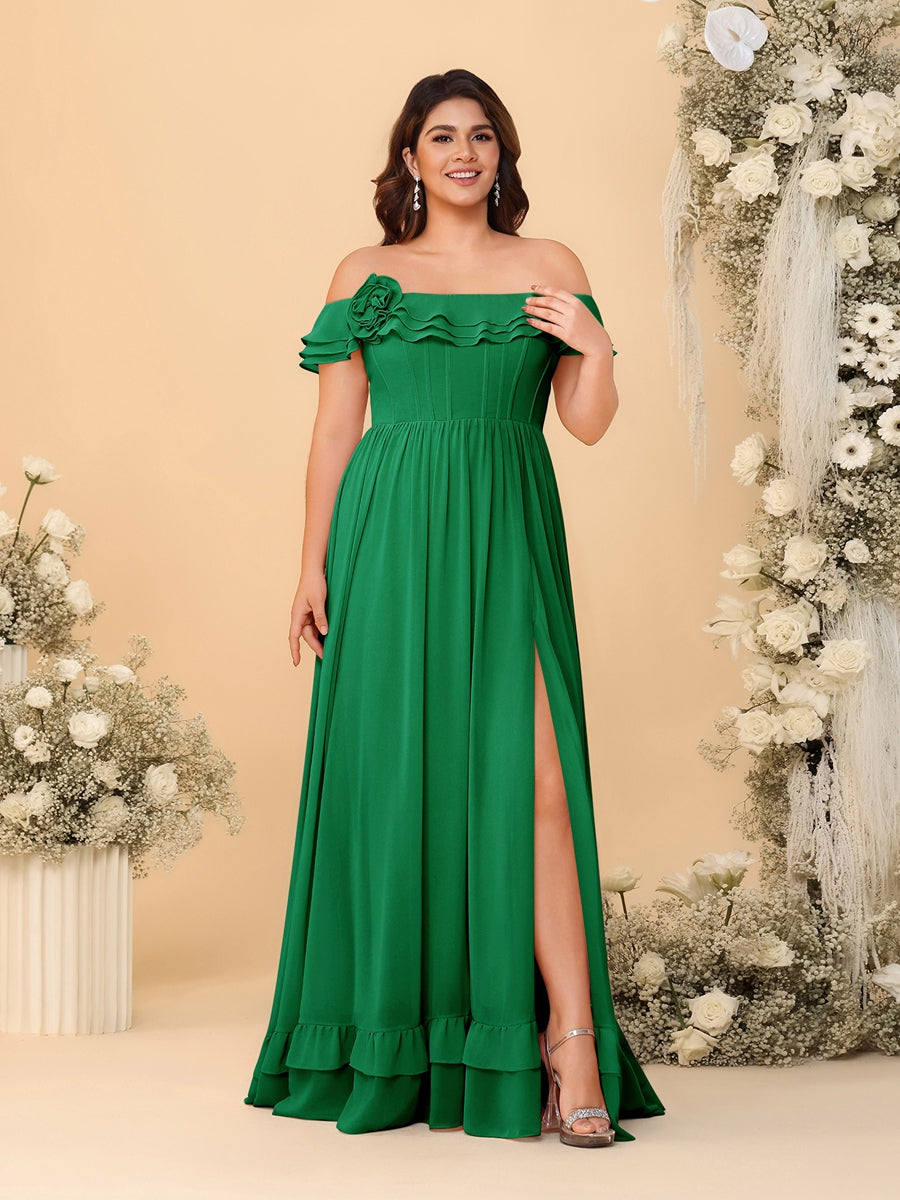 Chiffon A-Line/Princess Off-the-Shoulder Short Sleeves Plus Size Bridesmaid Dresses with Side Slit Green