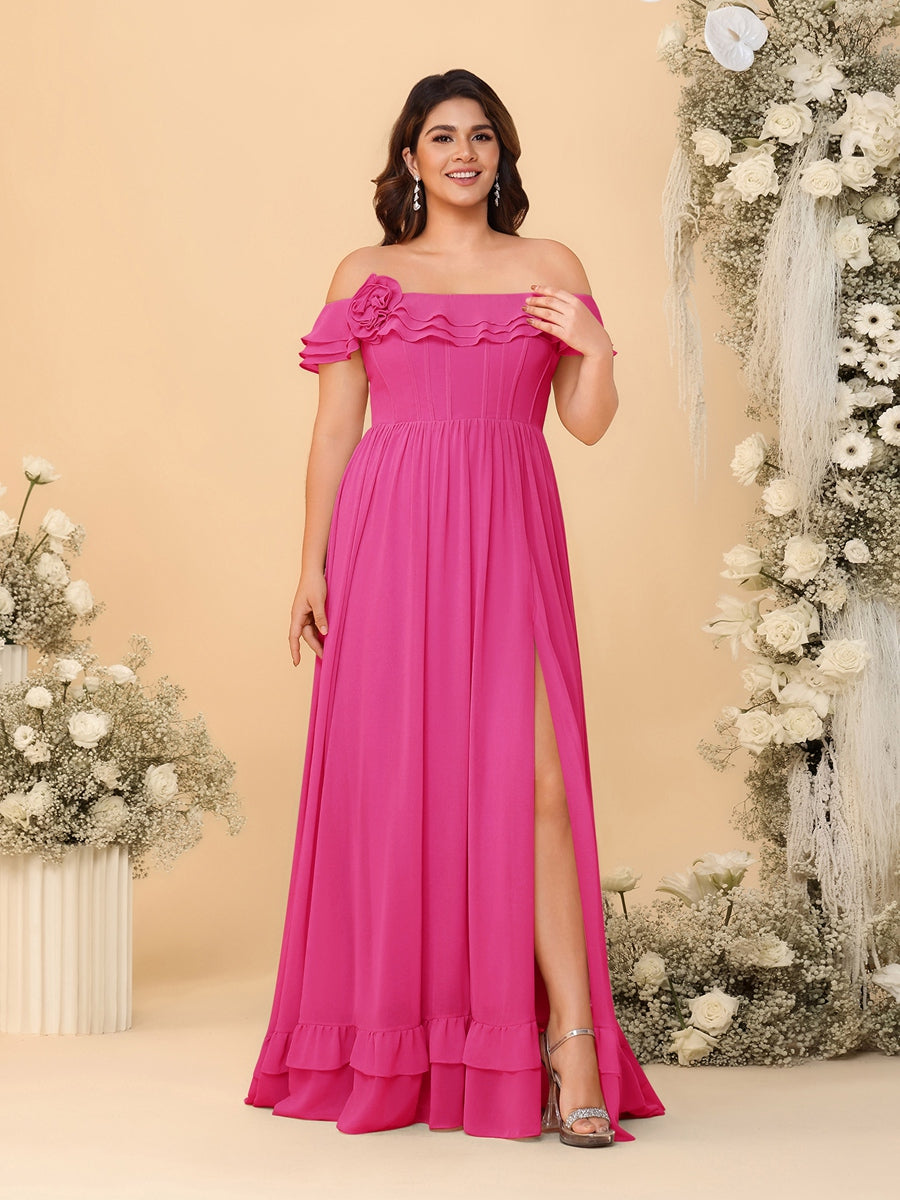 Chiffon A-Line/Princess Off-the-Shoulder Short Sleeves Plus Size Bridesmaid Dresses with Side Slit Hot Pink