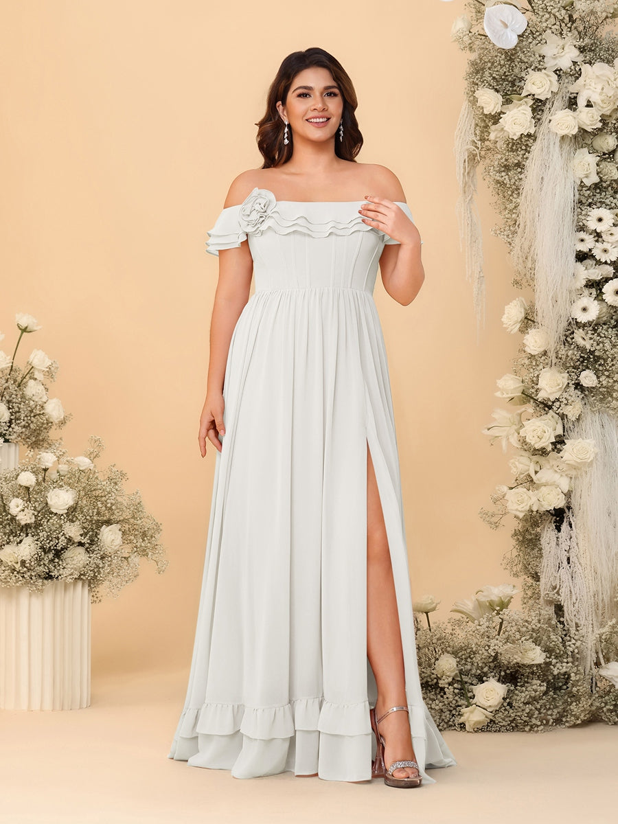 Chiffon A-Line/Princess Off-the-Shoulder Short Sleeves Plus Size Bridesmaid Dresses with Side Slit Ivory