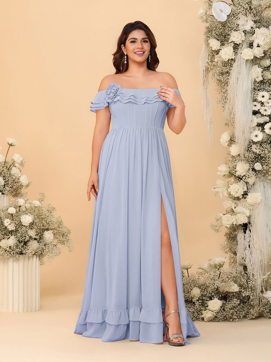 Chiffon A-Line/Princess Off-the-Shoulder Short Sleeves Plus Size Bridesmaid Dresses with Side Slit Lavender
