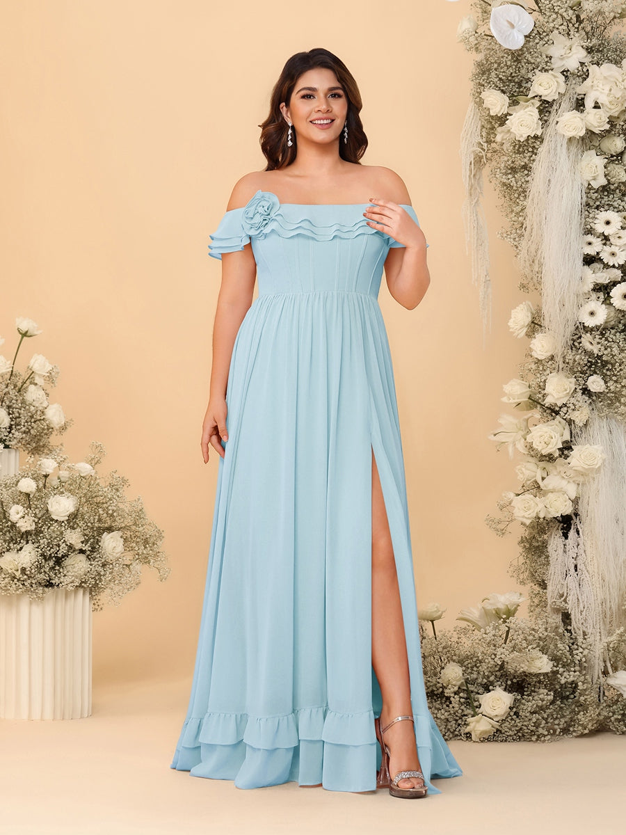 Chiffon A-Line/Princess Off-the-Shoulder Short Sleeves Plus Size Bridesmaid Dresses with Side Slit Light Blue