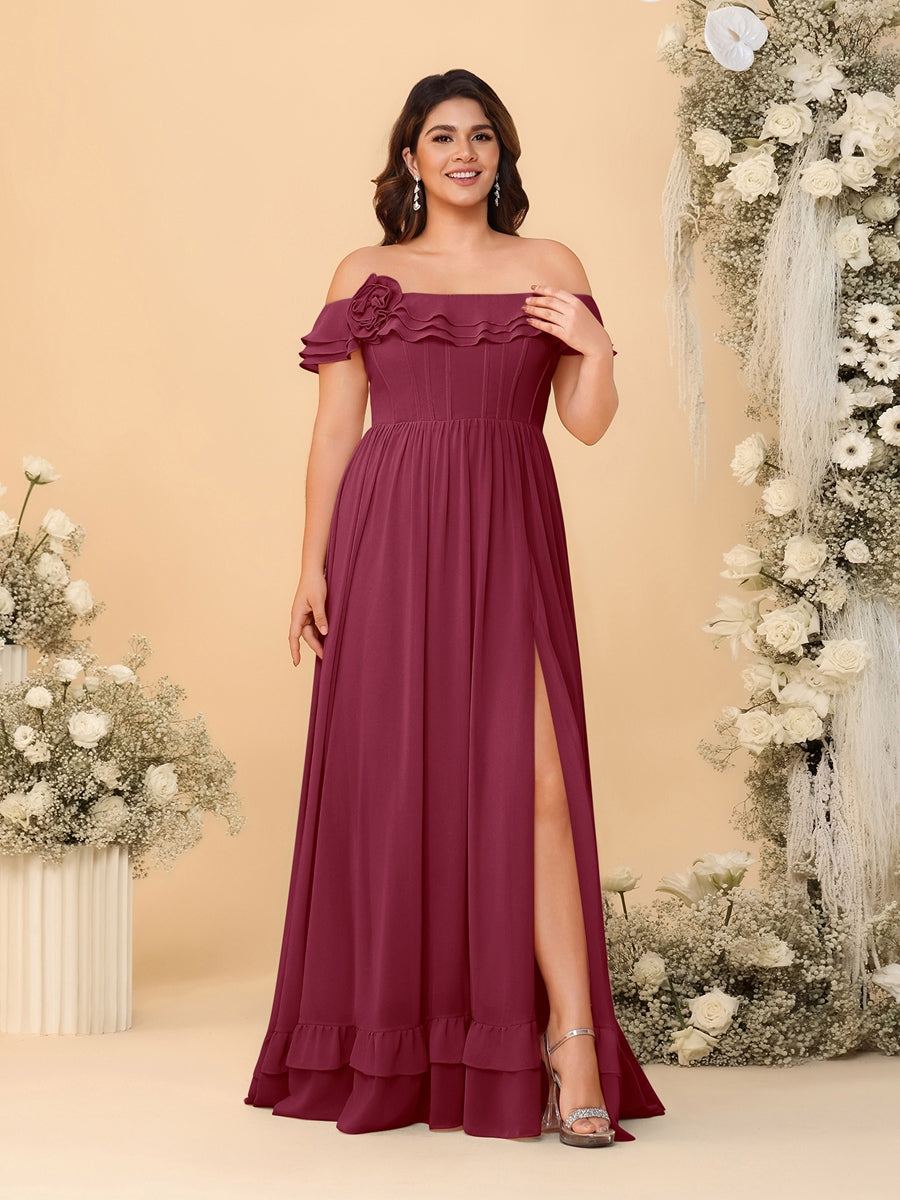 Chiffon A-Line/Princess Off-the-Shoulder Short Sleeves Plus Size Bridesmaid Dresses with Side Slit Light Burgundy
