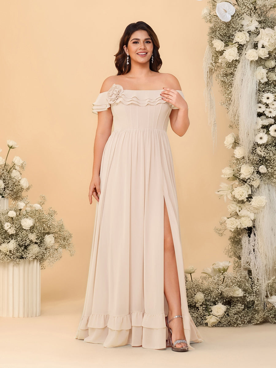 Chiffon A-Line/Princess Off-the-Shoulder Short Sleeves Plus Size Bridesmaid Dresses with Side Slit Light Champagne