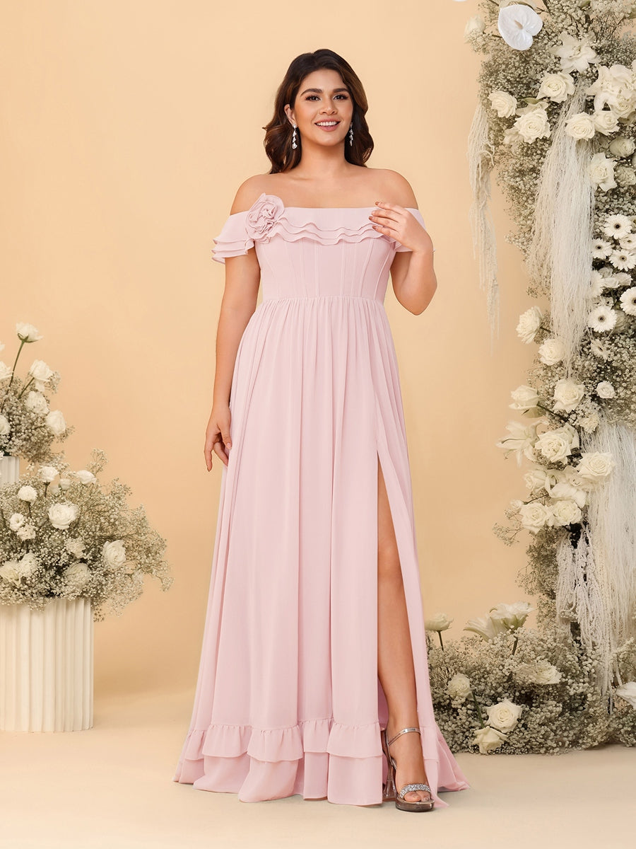 Chiffon A-Line/Princess Off-the-Shoulder Short Sleeves Plus Size Bridesmaid Dresses with Side Slit Light Pink