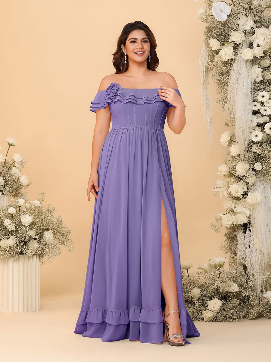 Chiffon A-Line/Princess Off-the-Shoulder Short Sleeves Plus Size Bridesmaid Dresses with Side Slit Light Purple