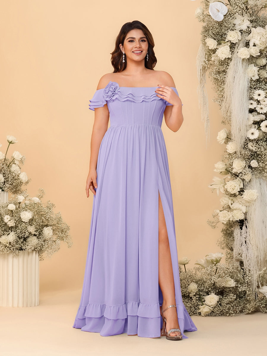 Chiffon A-Line/Princess Off-the-Shoulder Short Sleeves Plus Size Bridesmaid Dresses with Side Slit Lilac