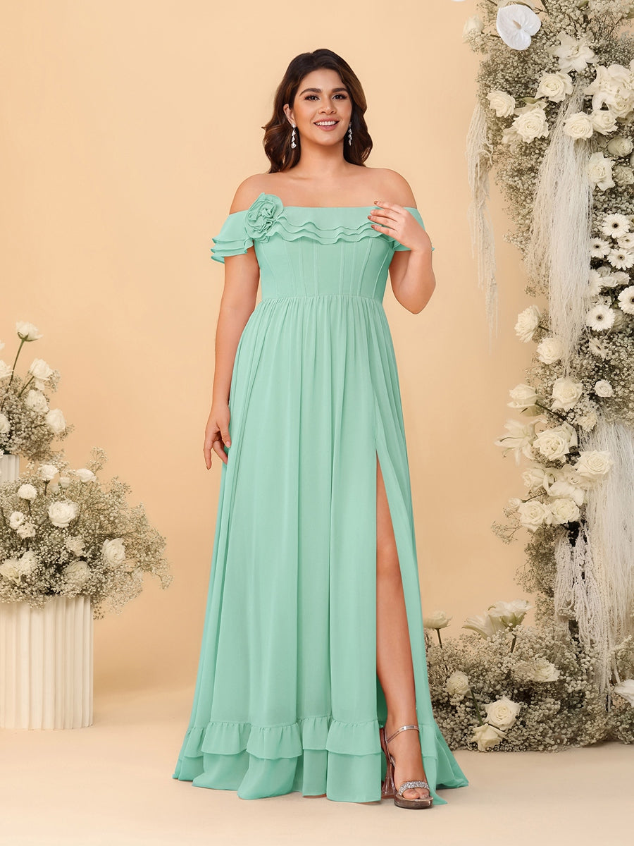 Chiffon A-Line/Princess Off-the-Shoulder Short Sleeves Plus Size Bridesmaid Dresses with Side Slit Mint Green