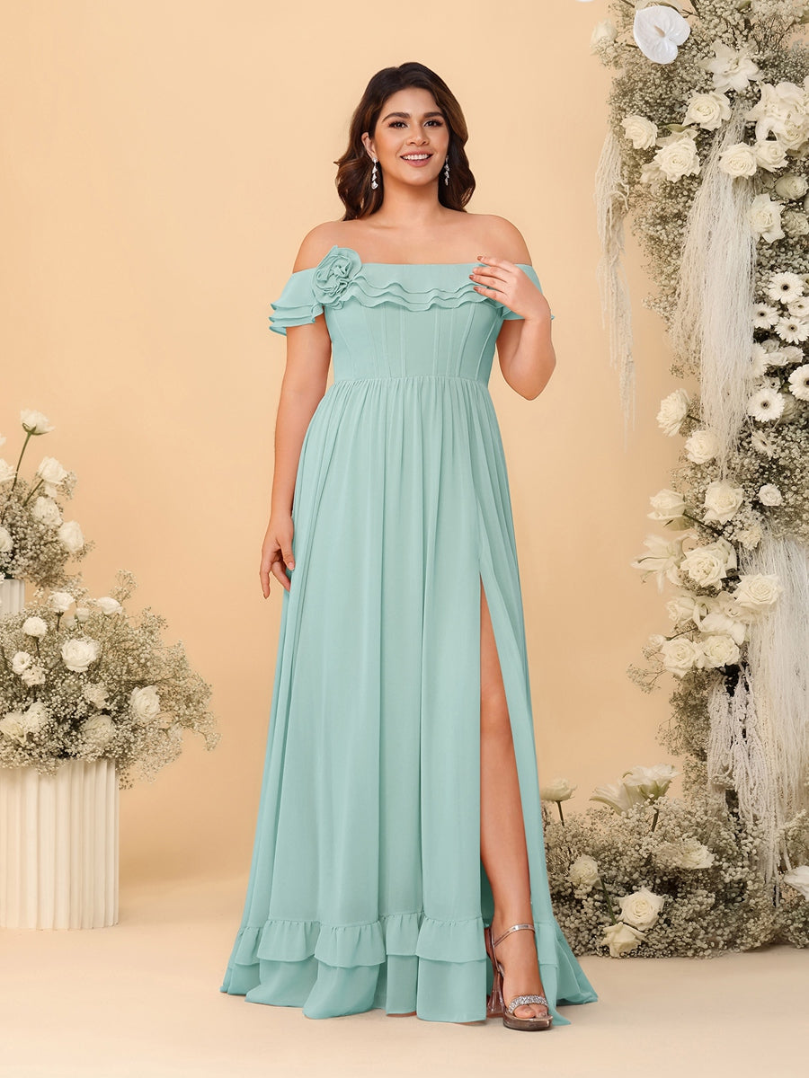 Chiffon A-Line/Princess Off-the-Shoulder Short Sleeves Plus Size Bridesmaid Dresses with Side Slit Mist Blue