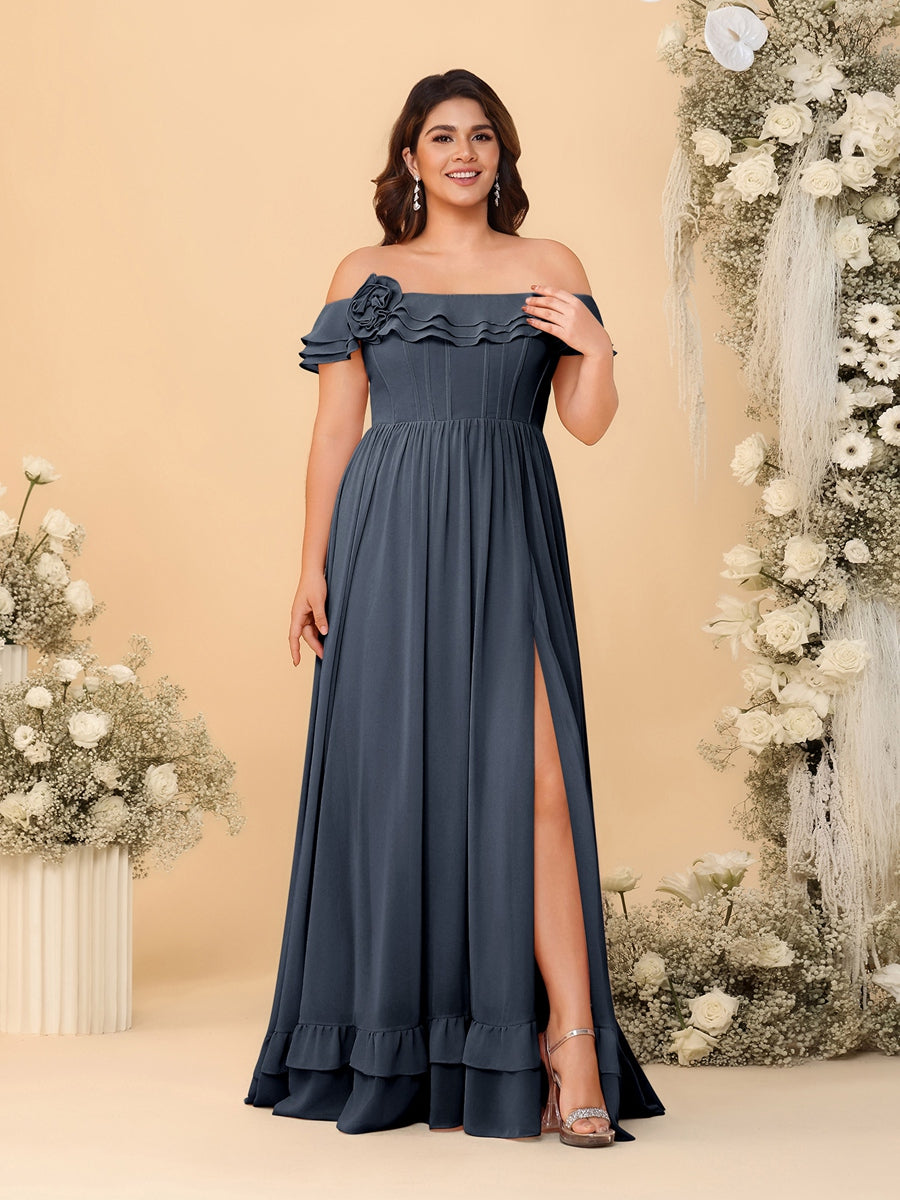 Chiffon A-Line/Princess Off-the-Shoulder Short Sleeves Plus Size Bridesmaid Dresses with Side Slit Navy Blue