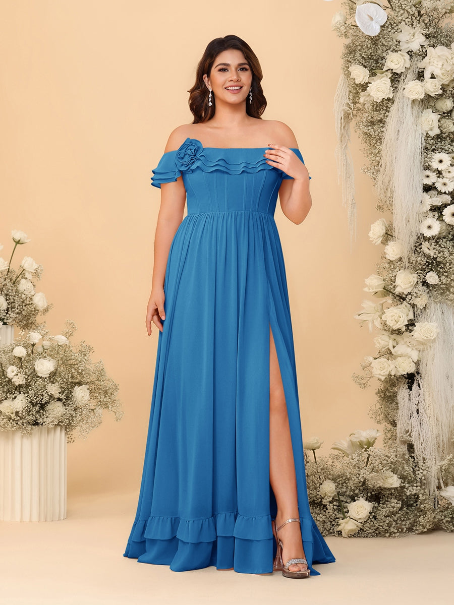 Chiffon A-Line/Princess Off-the-Shoulder Short Sleeves Plus Size Bridesmaid Dresses with Side Slit Ocean Blue