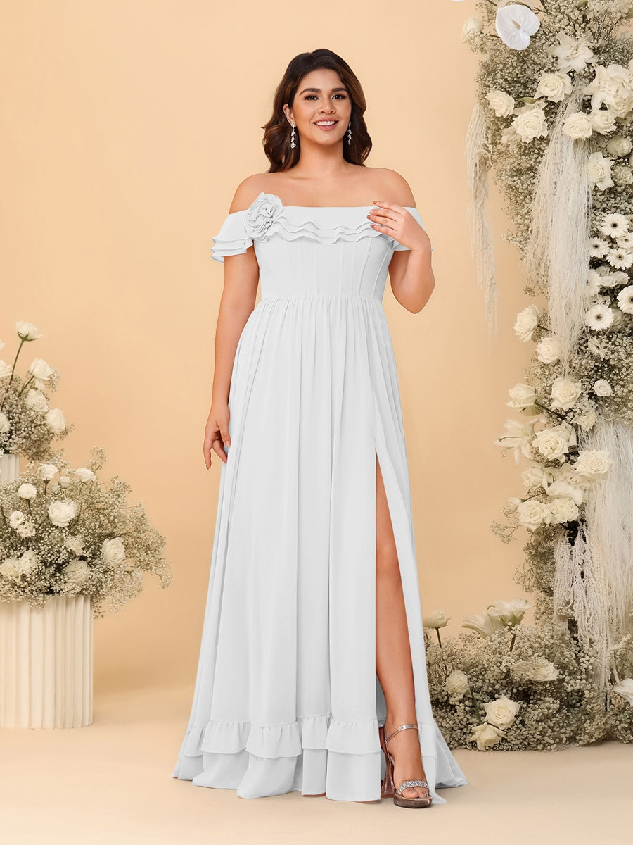 Chiffon A-Line/Princess Off-the-Shoulder Short Sleeves Plus Size Bridesmaid Dresses with Side Slit Off White