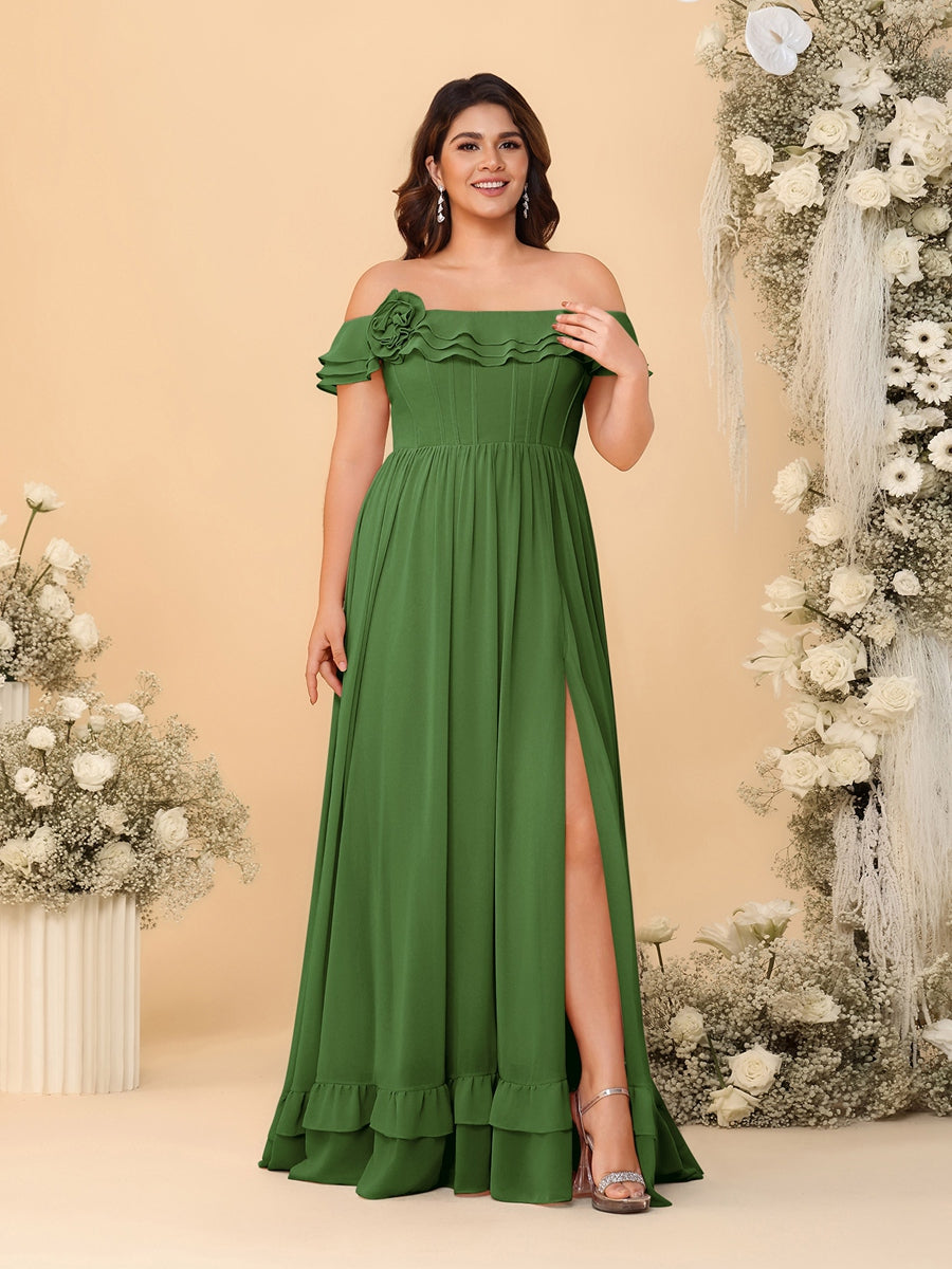 Chiffon A-Line/Princess Off-the-Shoulder Short Sleeves Plus Size Bridesmaid Dresses with Side Slit Olive Green
