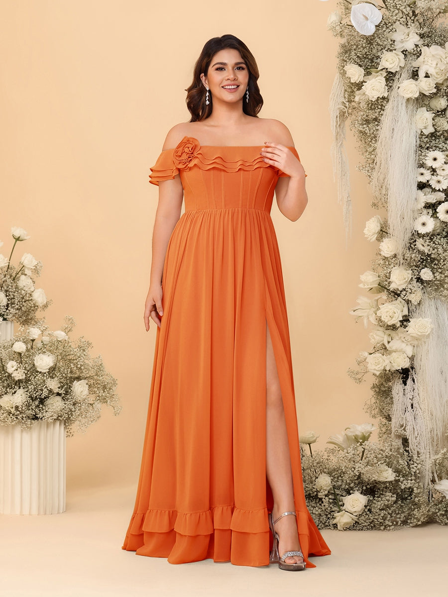 Chiffon A-Line/Princess Off-the-Shoulder Short Sleeves Plus Size Bridesmaid Dresses with Side Slit Orange
