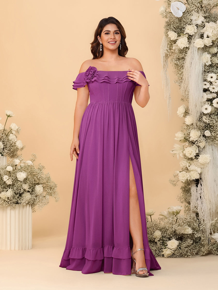 Chiffon A-Line/Princess Off-the-Shoulder Short Sleeves Plus Size Bridesmaid Dresses with Side Slit Orchid