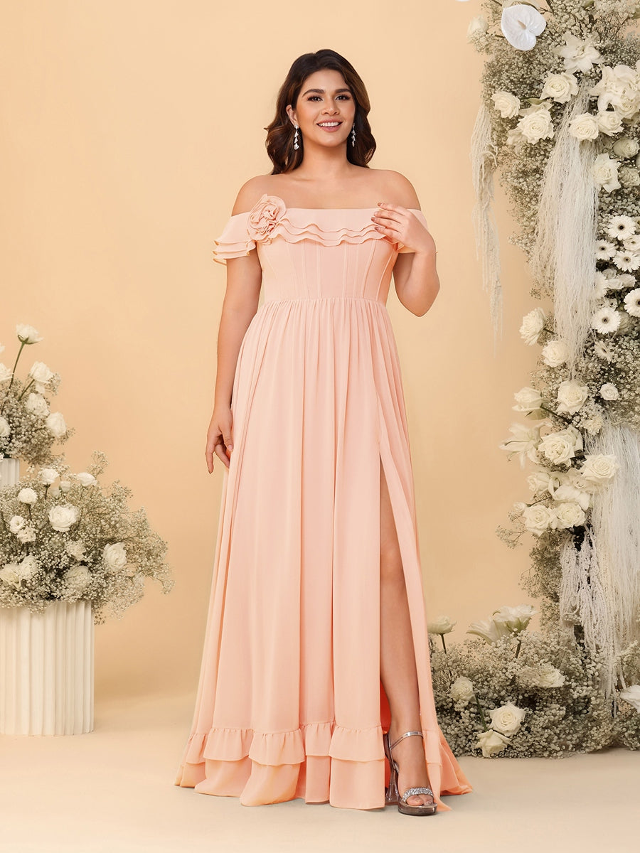 Chiffon A-Line/Princess Off-the-Shoulder Short Sleeves Plus Size Bridesmaid Dresses with Side Slit Peach Pink