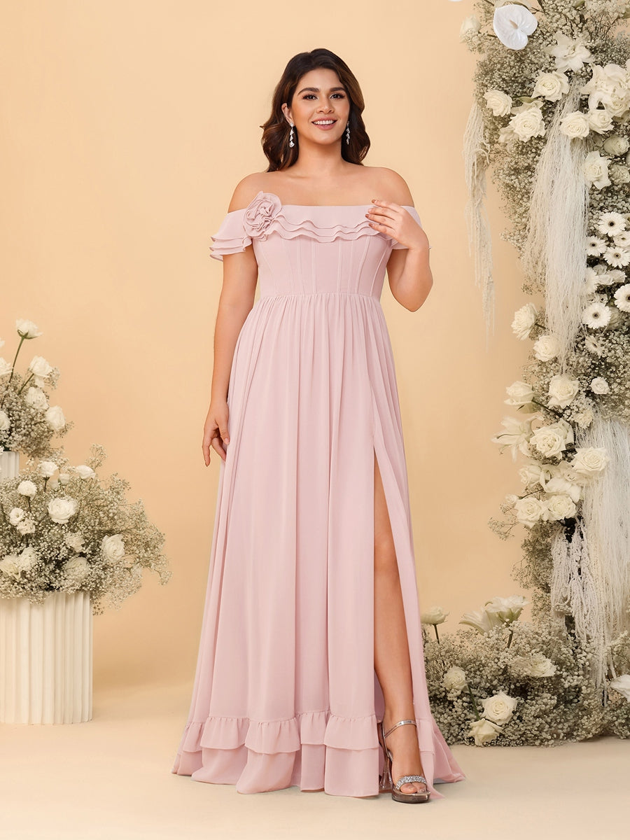 Chiffon A-Line/Princess Off-the-Shoulder Short Sleeves Plus Size Bridesmaid Dresses with Side Slit Pearl Pink