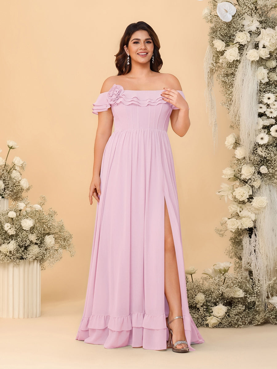 Chiffon A-Line/Princess Off-the-Shoulder Short Sleeves Plus Size Bridesmaid Dresses with Side Slit Pink