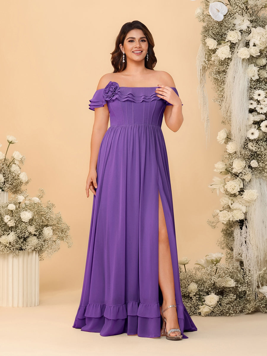 Chiffon A-Line/Princess Off-the-Shoulder Short Sleeves Plus Size Bridesmaid Dresses with Side Slit Purple