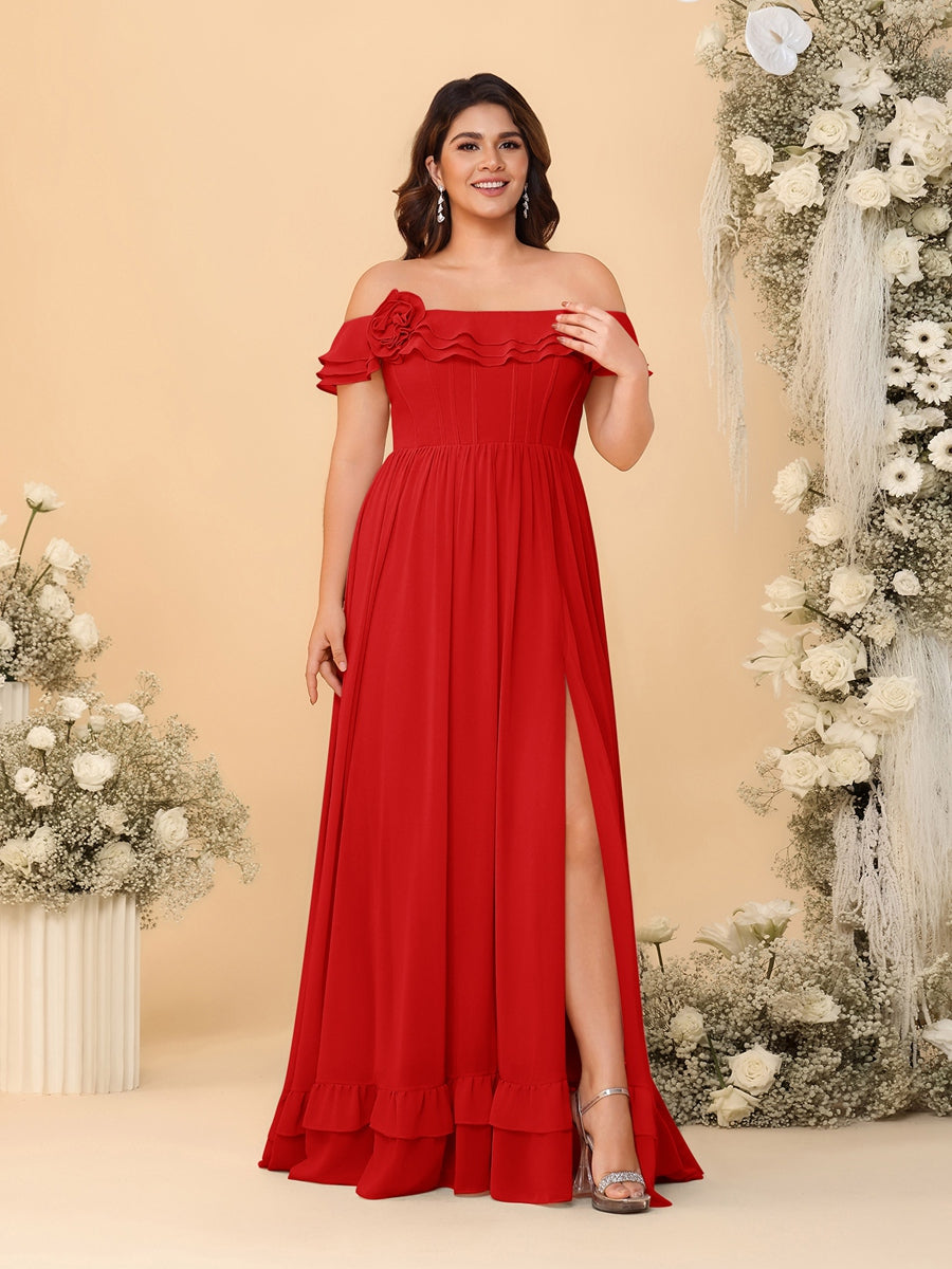 Chiffon A-Line/Princess Off-the-Shoulder Short Sleeves Plus Size Bridesmaid Dresses with Side Slit Red
